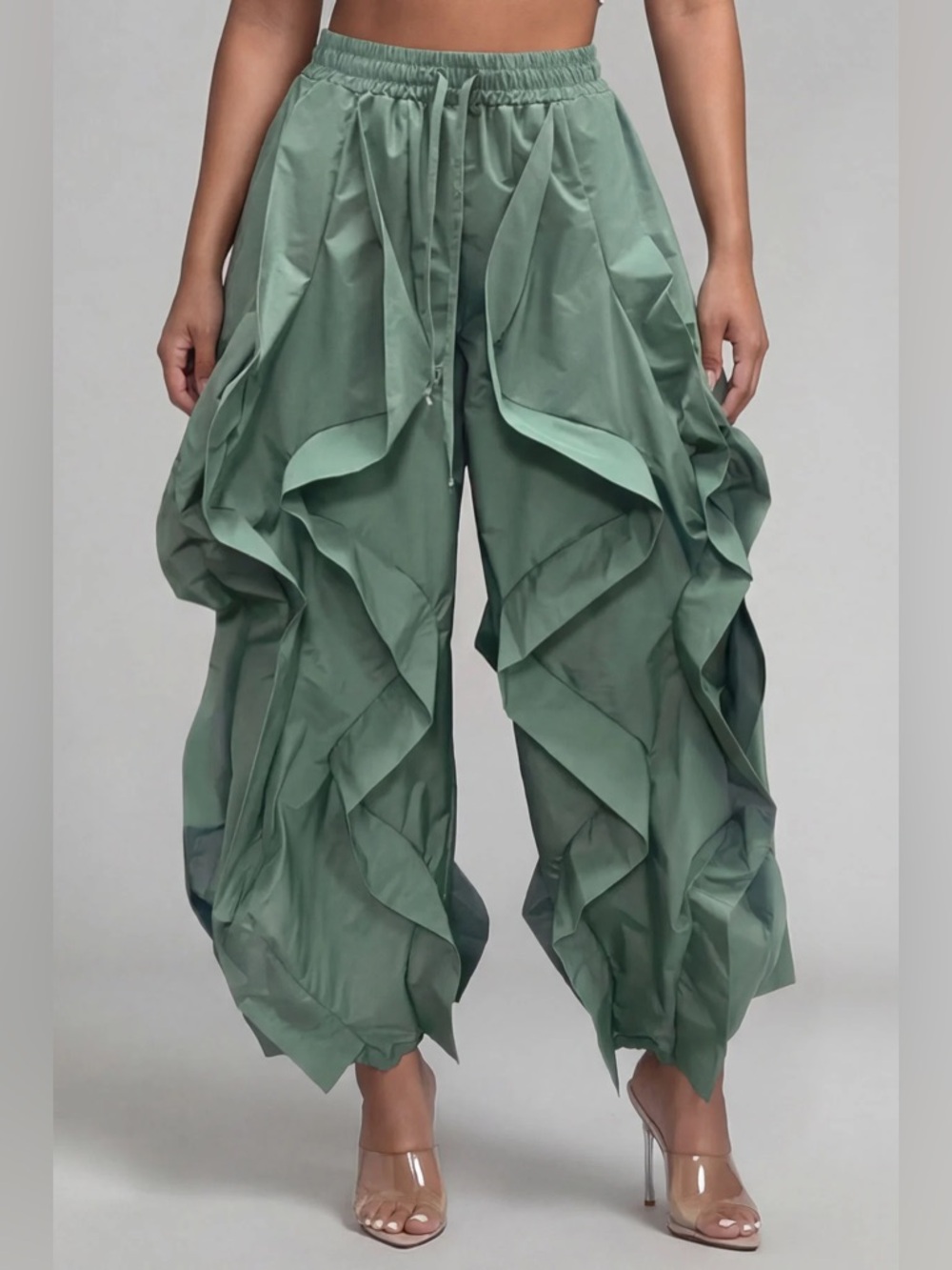 Yellow Ruffle Wide-Leg Wavy Drawstring Pants - Picture 15 of 16
